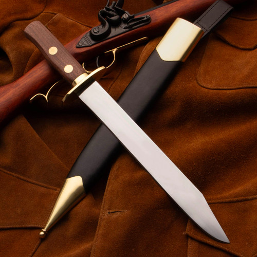 Daniel Boone Bowie Knife with long sharp 1080 high carbon steel blade, brass guard, hardwood handle and leather belt sheath