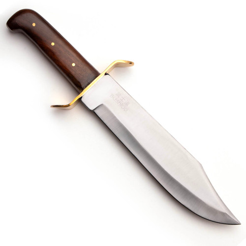 Bushido Bowie has stainless steel blade, smooth rosewood handle scales, and solid brass cross guard