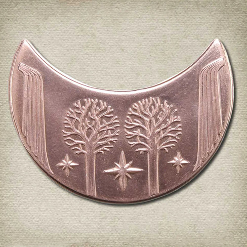 LOTR Copper Moon Coin shows Rivendall valley with waterfalls, ancient silver and gold trees, three Silmarils shown as stars
