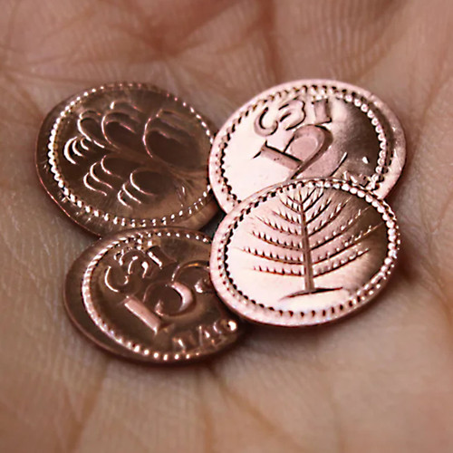 The smallest coins a Hobbit would have, this set of copper farthings has 1 each of pine, elm, willow, and oak.
