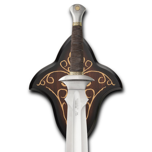 LOTR prop replica Sword of Samwise has a stainless steel blade, cast metal crossguard and pommel, includes wood display plaque