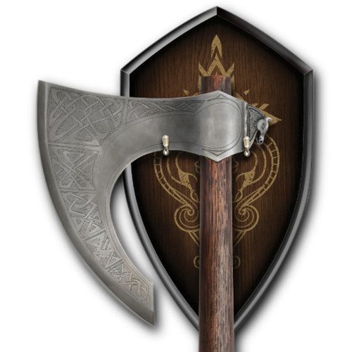 Lord of the Rings Rohan War Axe has a false edged 1055 carbon steel blade and includes a wood wall display plaque