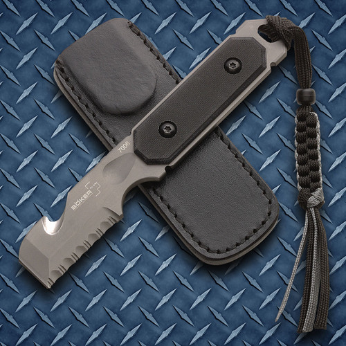 Boker Plus Cop Knife is a multi tool made of a single piece of stainless steel with G10 handles, includes leather sheath
