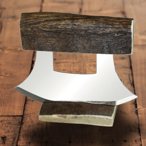 the handle and stand are shed moose antler on this Ulu with a stainless steel blade