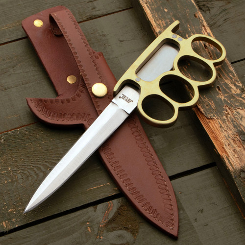 WWI British Trench Knuckle Duster Knife has solid brass guard, sharp, double edged high carbon steel blade and leather sheath