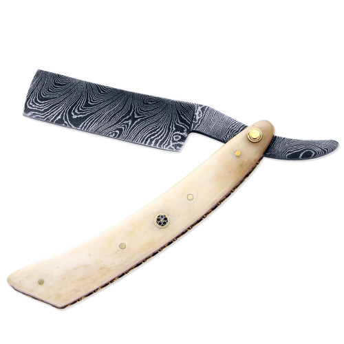 Damascus Barbershop Razor with Camel Bone Scales