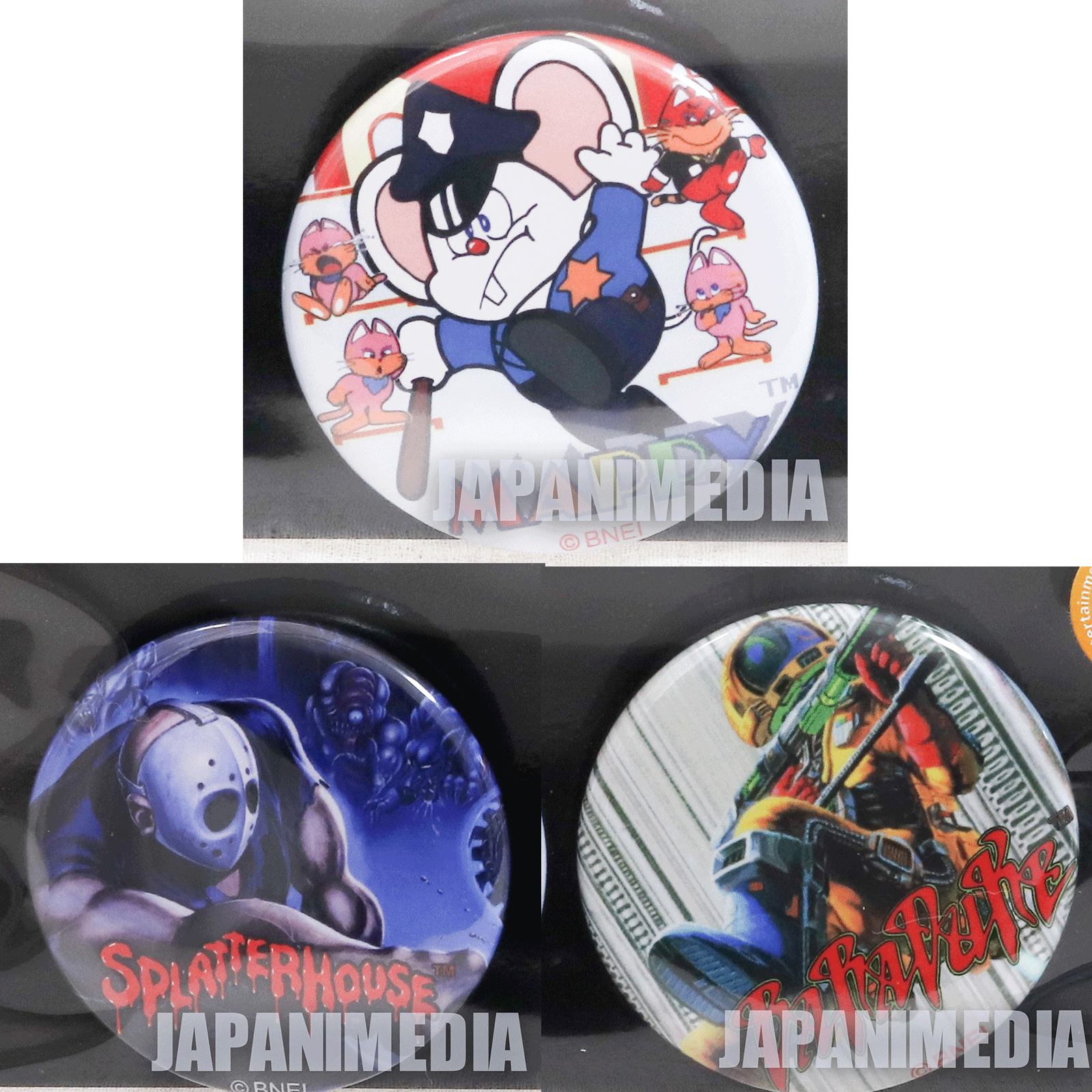 Namco Button Badge Pins 3pc Set Mappy Splatterhouse Baraduke JAPAN NES FAMICOM Japanimedia Store FRONT
