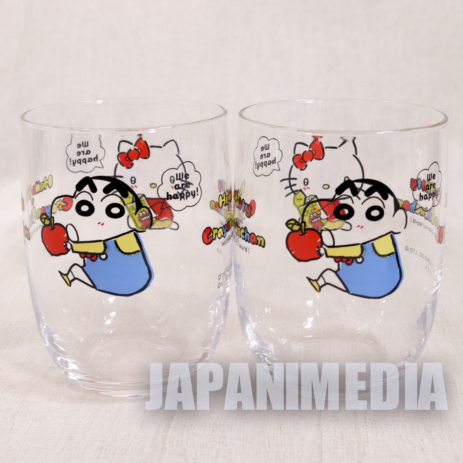 Crayon Shin-chan x Hello Kitty Glass 2pc Set Sanrio Smile JAPAN