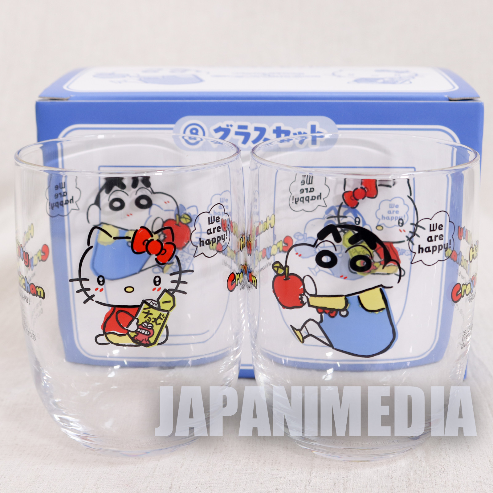 Crayon Shin-chan x Hello Kitty Glass 2pc Set Sanrio Smile JAPAN