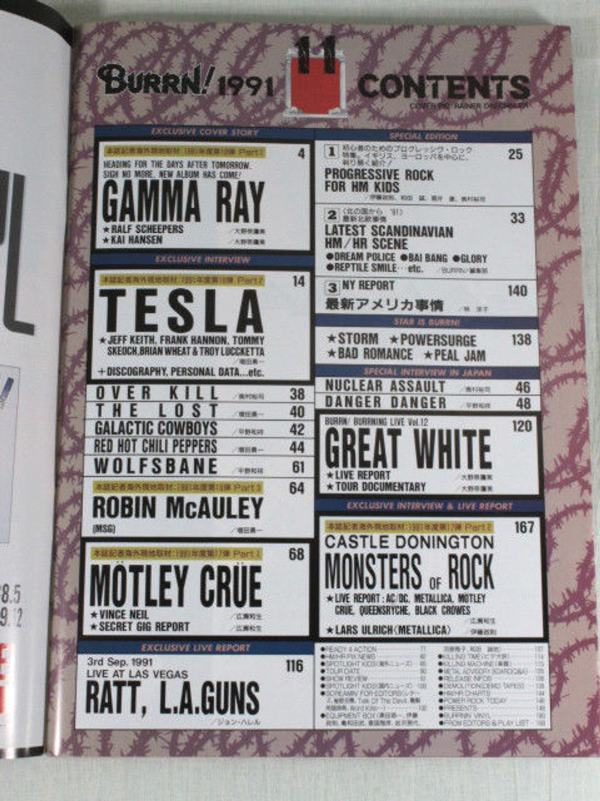 1991/11 BURRN! Japan Rock Magazine TESLA/GAMMA RAY/MOTLEY CLUE/GREAT WHITE/RATT