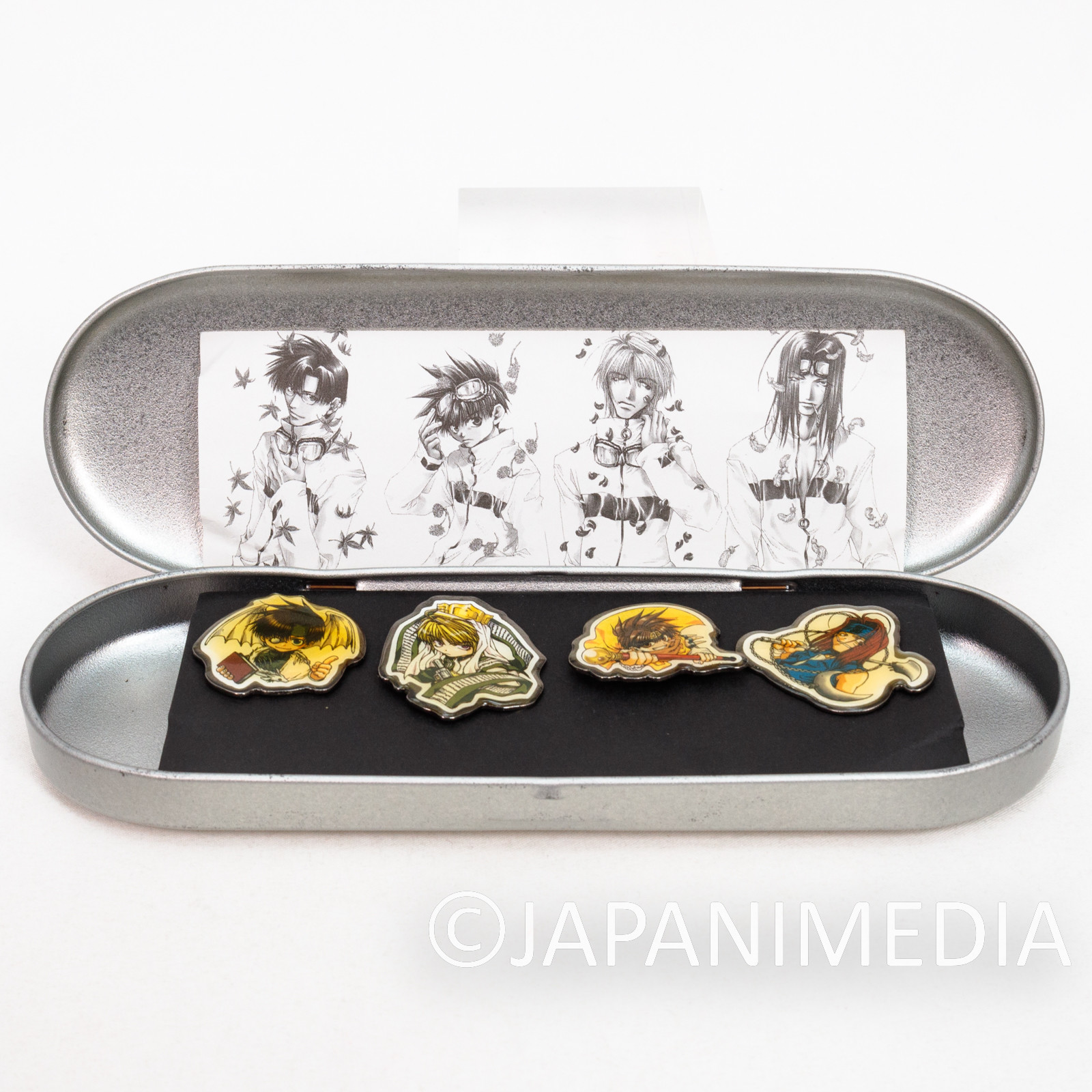 RARE! SAIYUKI Pins 4pc Set w/ Can Case [Sanzo / Goku / Gojyo / Hakkai] JAPAN