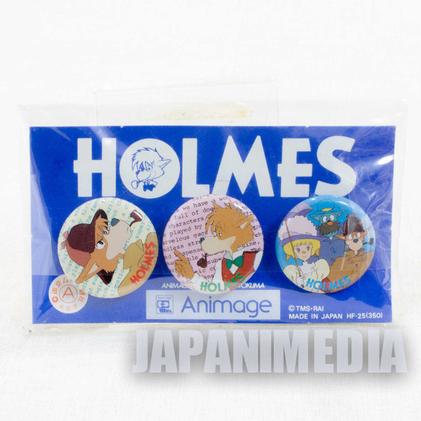 RARE!! Sherlock Hound Detective Holmes Button badge 3pc Set Ghibli Hayao Miyazaki Japanimedia Store FRONT