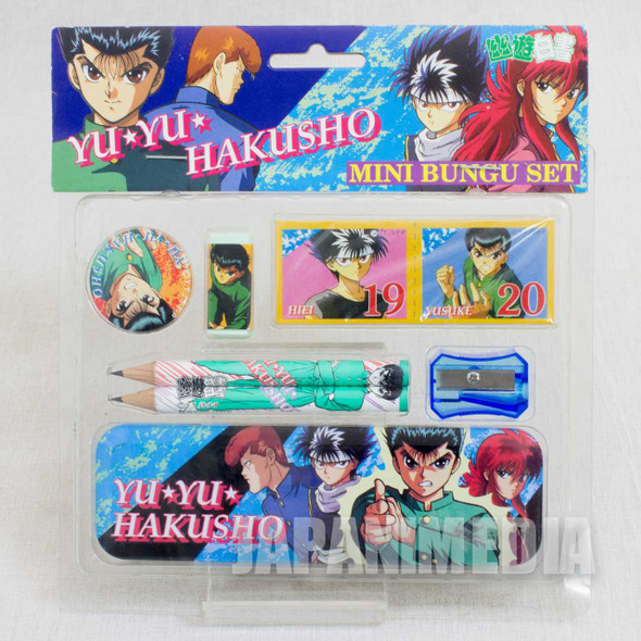 Retro RARE! Yu Yu Hakusho Mini Stationery set [Can pen case / Pencil / Pencil sharpener / Eraser / Button Badge] JAPAN ANIME Japanimedia Store FRONT