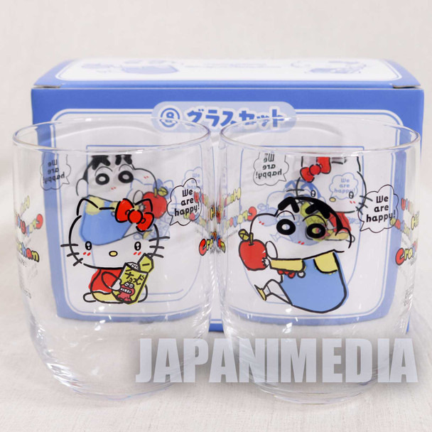 Crayon Shin-chan x Hello Kitty Glass 2pc Set Sanrio Smile JAPAN Japanimedia Store FRONT