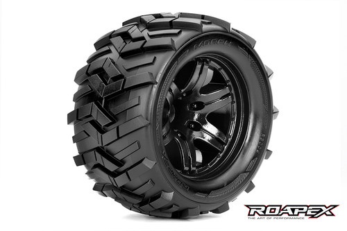 MORPH 1/10 MONSTER TRUCK TIRE BLACK WHEEL WITH 1/2 OFFSET 12MM HEX MOUNTED