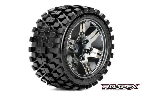 RHYTHM 1/10 STADIUM TRUCK TIRE CHROME BLACK WHEEL WITH 1/2 OFFSET 12MM HEX MOUNTED