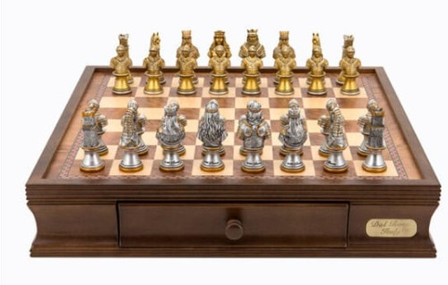 Dal Rossi Italy chess box with drawers 16” With Medieval Warriors Resin Chessmen