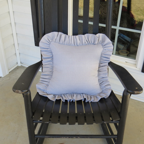 Gray Gingham Check Ruffled Decorative Pillow in porch rocking chair