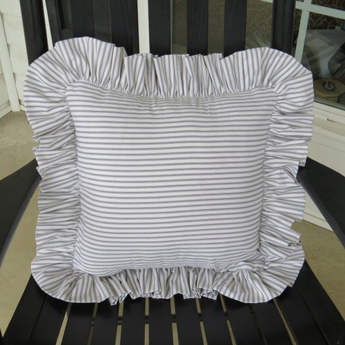Gray Ticking Stripe Ruffled Decorative Pillow