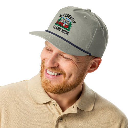 Apparently I Camp Now Golf Rope Hat, lt gray with navy cord on man Apparently I Camp Now Golf Rope Hat, lt gray with navy cord on man