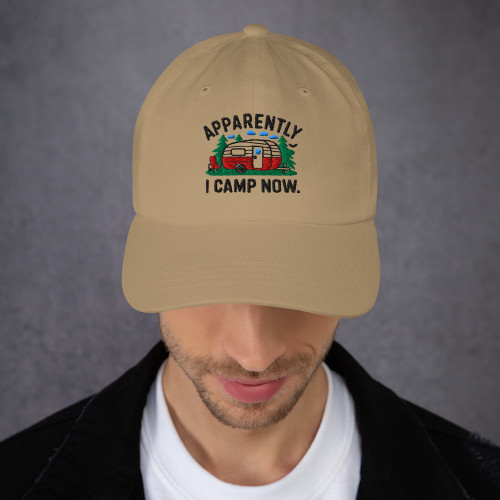 Apparently I Camp Now Dad Hat, khaki, on man Apparently I Camp Now Dad Hat, khaki, on man