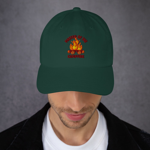 Master of the Campfire Embroidered Dad Hat, spruce green, on man Master of the Campfire Embroidered Dad Hat, spruce green, on man