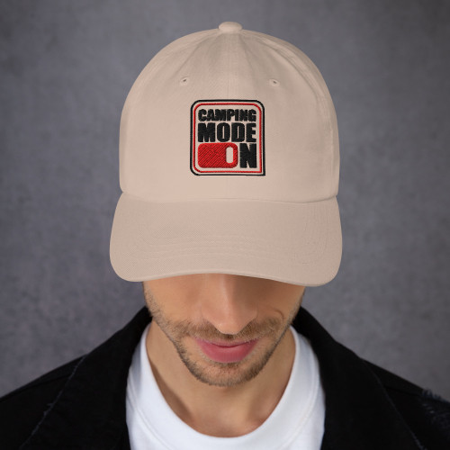 Camping Mode On Embroidered Dad Hat, stone, on man Camping Mode On Embroidered Dad Hat, stone, on man