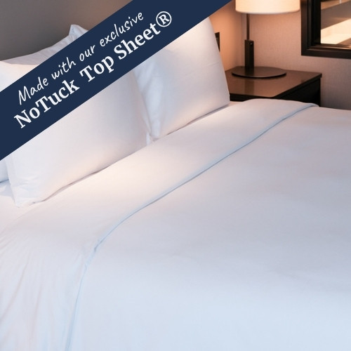 200tc New Adventures white percale sheets with NoTuck banner