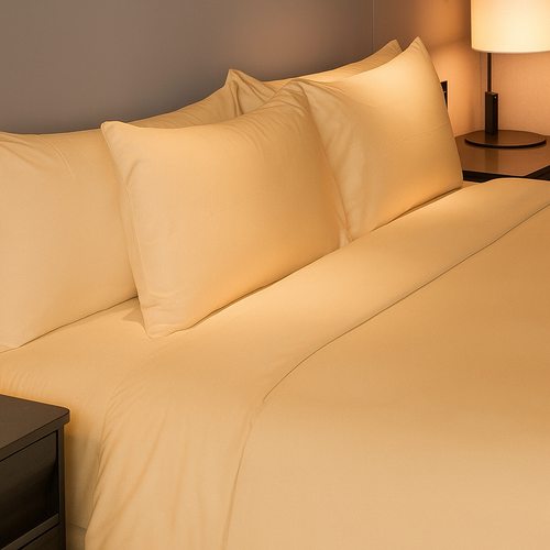 200tc New Adventures prairie gold percale sheets on RV bed