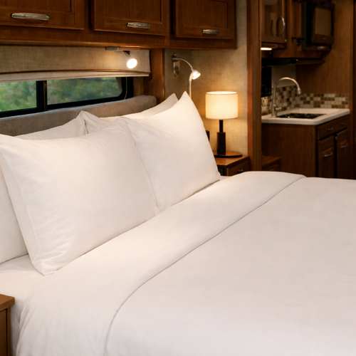 200tc New Adventures summit white percale sheets on RV bed