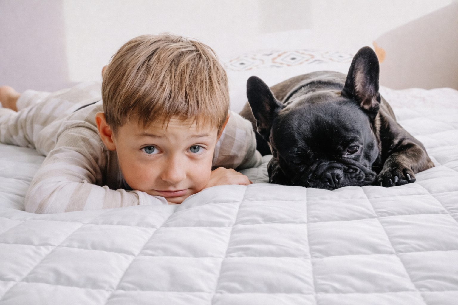 Boy and dog on RV mattress pad topper