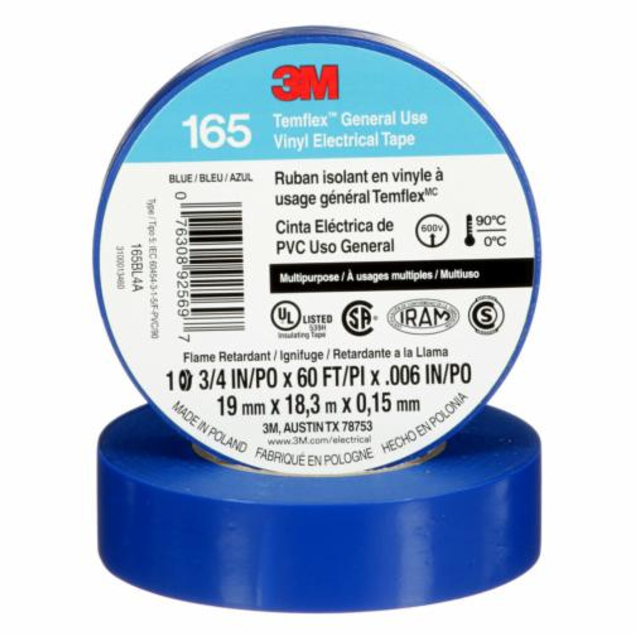Ruban isolant vinyle usage général TemflexMC 165 19 mm 18 m Bleu 6 mils