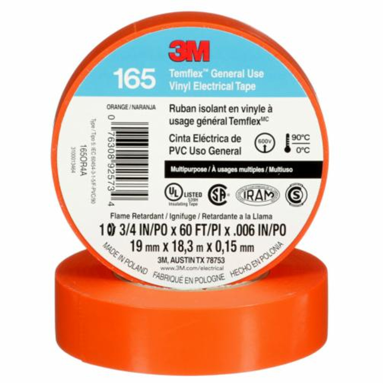 Ruban isolant vinyle usage général TemflexMC 165 19 mm 18 m Orange 6 mils