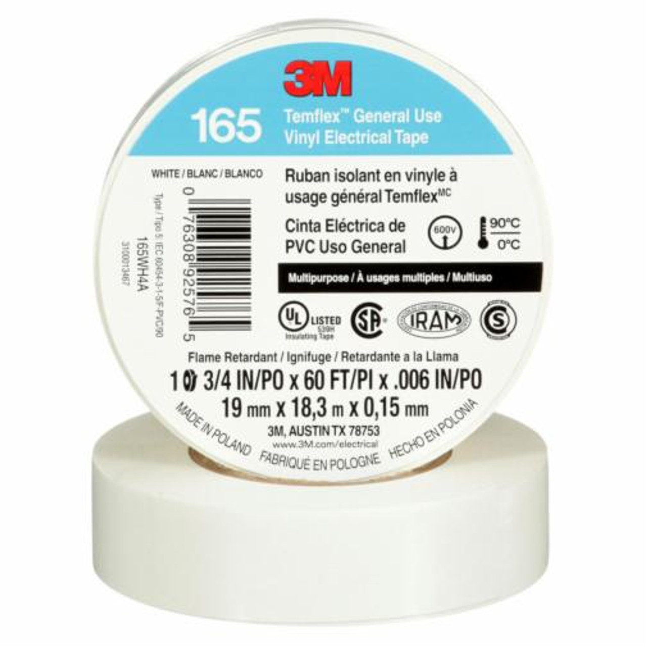 Ruban isolant vinyle usage général TemflexMC 165 19 mm 18 m Blanc 6 mils