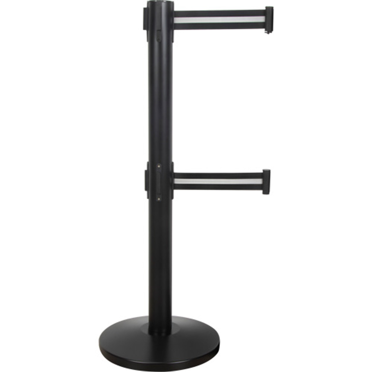 Barrière contrôle foules courroie double, Acier, 35" h, Ruban Noir/Blanc, Longueur ruban 7'