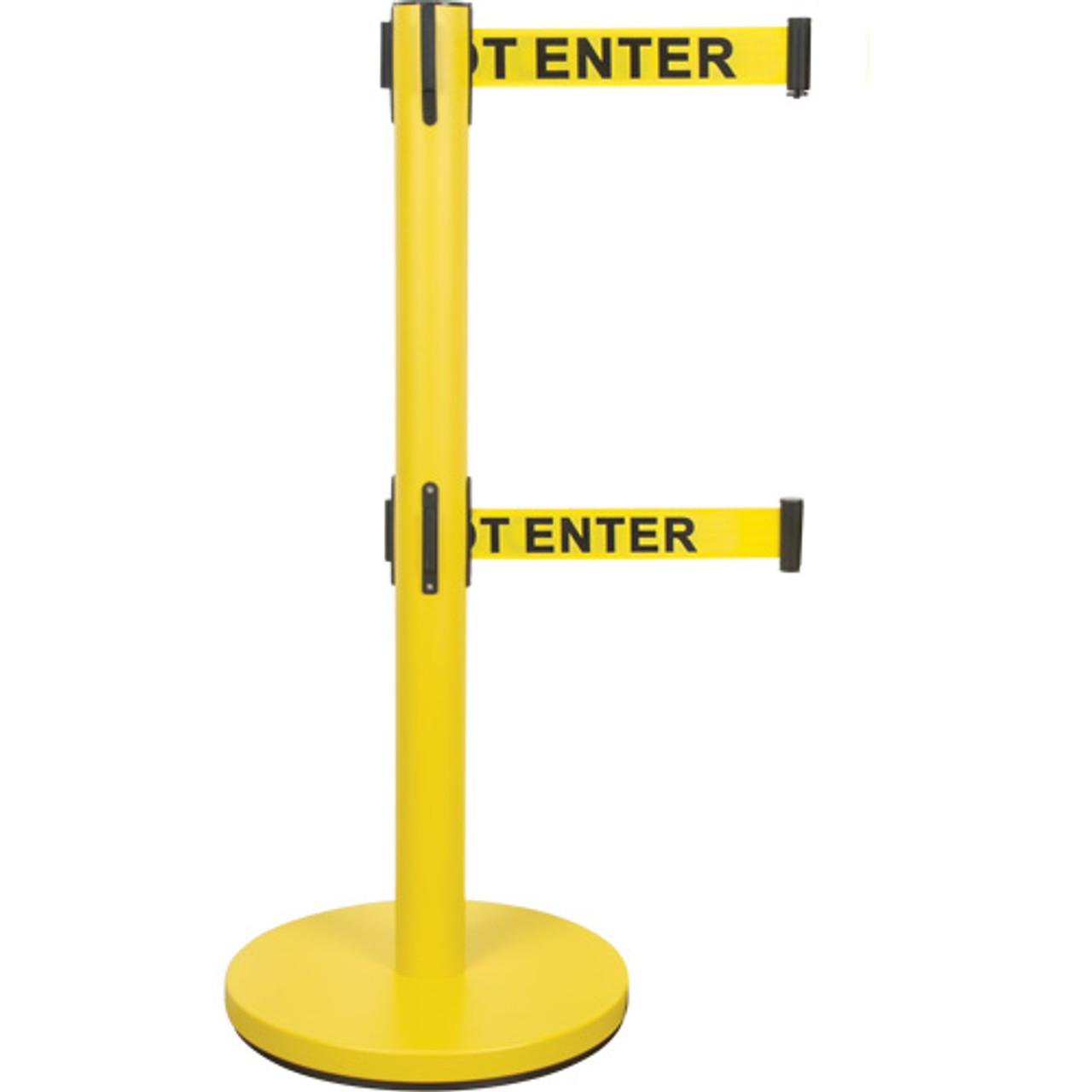 Barrière contrôle foules courroie double, Acier, 35" h, Ruban Jaune, Longueur ruban 7' SHA668
