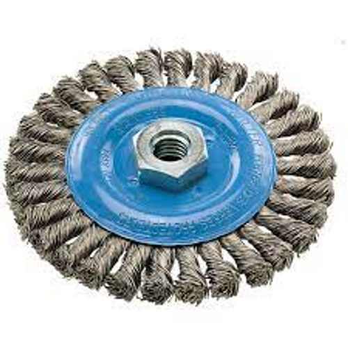 Brosse rotative large à fils noués, 5" de diamètre, 0,02" de fils, arbre 5/8"-11, en aluminium/acier inoxydable