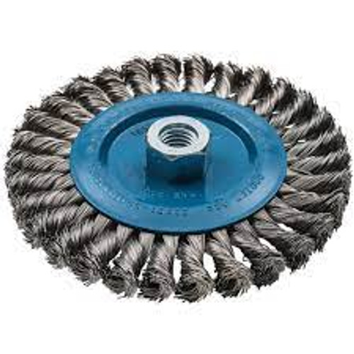 Brosse rotative large à fils noués, 6" de diamètre, 0,02" de fils, arbre 5/8"-11, en aluminium/acier inoxydable