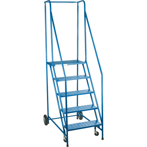 Escabeau roulant à roulettes avant à ressort, 5 marches, Largeur marche 22", Hauteur plateforme 46", Acier Escabeau roulant à roulettes avant à ressort, 5 marches, Largeur marche 22", Hauteur plateforme 46", Acier
