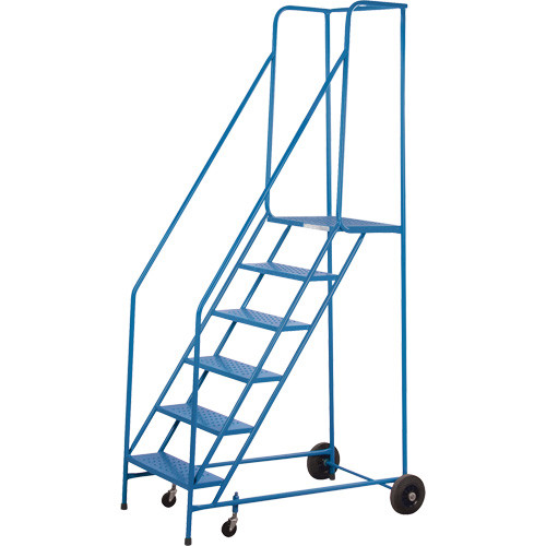 Escabeau roulant à roulettes avants à ressort, 6 marches, Largeur marche 22", Hauteur plateforme 55", Acier Escabeau roulant à roulettes avants à ressort, 6 marches, Largeur marche 22", Hauteur plateforme 55", Acier