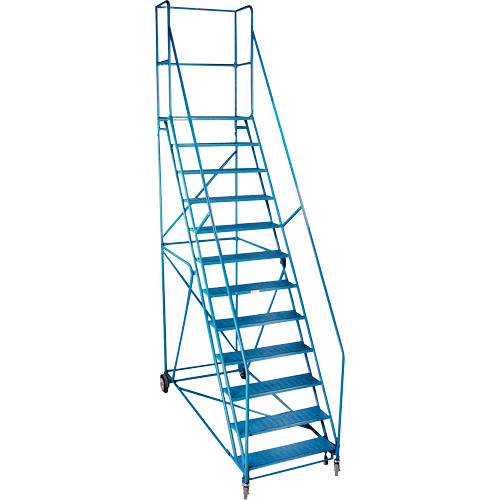 Escabeau roulant à pied verrouillable et roulettes à ressort, 12 marches, Largeur marche 30", Hauteur plateforme 109", Acier Escabeau roulant à pied verrouillable et roulettes à ressort, 12 marches, Largeur marche 30", Hauteur plateforme 109", Acier