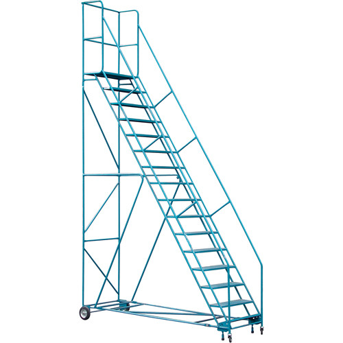 Escabeau roulant pied verrouillable roulettes avants ressort 16 marches Largeur marche 30" Hauteur plateforme 144" Acier Escabeau roulant pied verrouillable roulettes avants ressort 16 marches Largeur marche 30" Hauteur plateforme 144" Acier