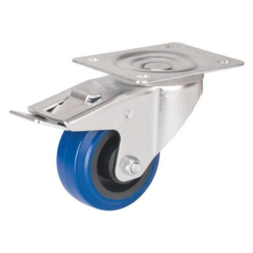 Roulette pivotante bleue, 3" (76 mm), capacité de charge 285 lb (129 kg), revêtement en caoutchouc, avec frein Roulette pivotante bleue, 3" (76 mm), capacité de charge 285 lb (129 kg), revêtement en caoutchouc, avec frein