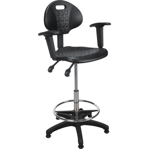 Tabouret ergonomique robuste avec accoudoirs réglables, Stationnaire, Ajustable, 39" - 48", Siège en Polyuréthane, Noir Tabouret ergonomique robuste avec accoudoirs réglables, Stationnaire, Ajustable, 39" - 48", Siège en Polyuréthane, Noir
