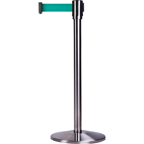 Barrières contrôle foules, Acier, 35" h, Ruban Vert, Longueur ruban 7' Barrières contrôle foules, Acier, 35" h, Ruban Vert, Longueur ruban 7'