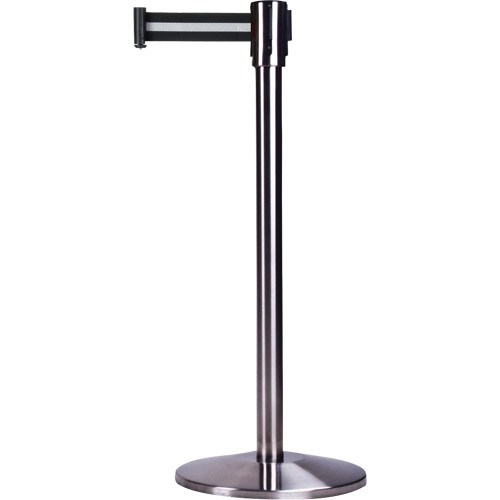 Barrières contrôle foules, Acier, 35" h, Ruban Noir/Blanc, Longueur ruban 7' Barrières contrôle foules, Acier, 35" h, Ruban Noir/Blanc, Longueur ruban 7'