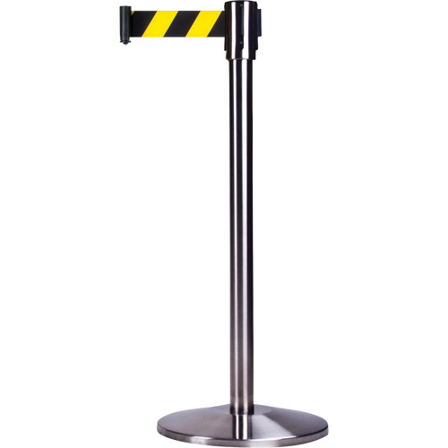 Barrières contrôle foules, Acier, 35" h, Ruban Noir/Jaune, Longueur ruban 7' Barrières contrôle foules, Acier, 35" h, Ruban Noir/Jaune, Longueur ruban 7'