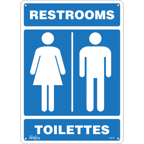 Toilettes "Restrooms", 14" x 10", Plastique, Bilingue avec pictogramme Toilettes "Restrooms", 14" x 10", Plastique, Bilingue avec pictogramme