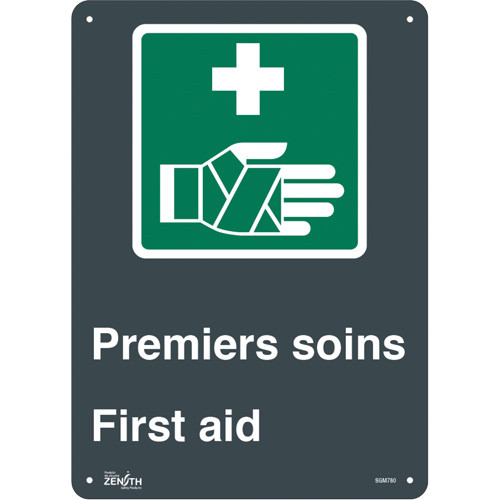 Premier Soins/First Aid Enseigne 14" x 10" Aluminium Bilingue avec pictogramme Premier Soins/First Aid Enseigne 14" x 10" Aluminium Bilingue avec pictogramme
