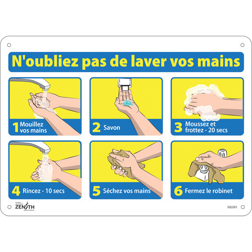Panneau "Lavez vos mains", 10" x 14", Matériau en aluminium, Version française avec pictogramme Panneau "Lavez vos mains", 10" x 14", Matériau en aluminium, Version française avec pictogramme